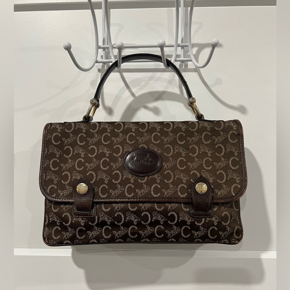 Celine Sulky Brown canvas C & carriage embossed handbag EUC
